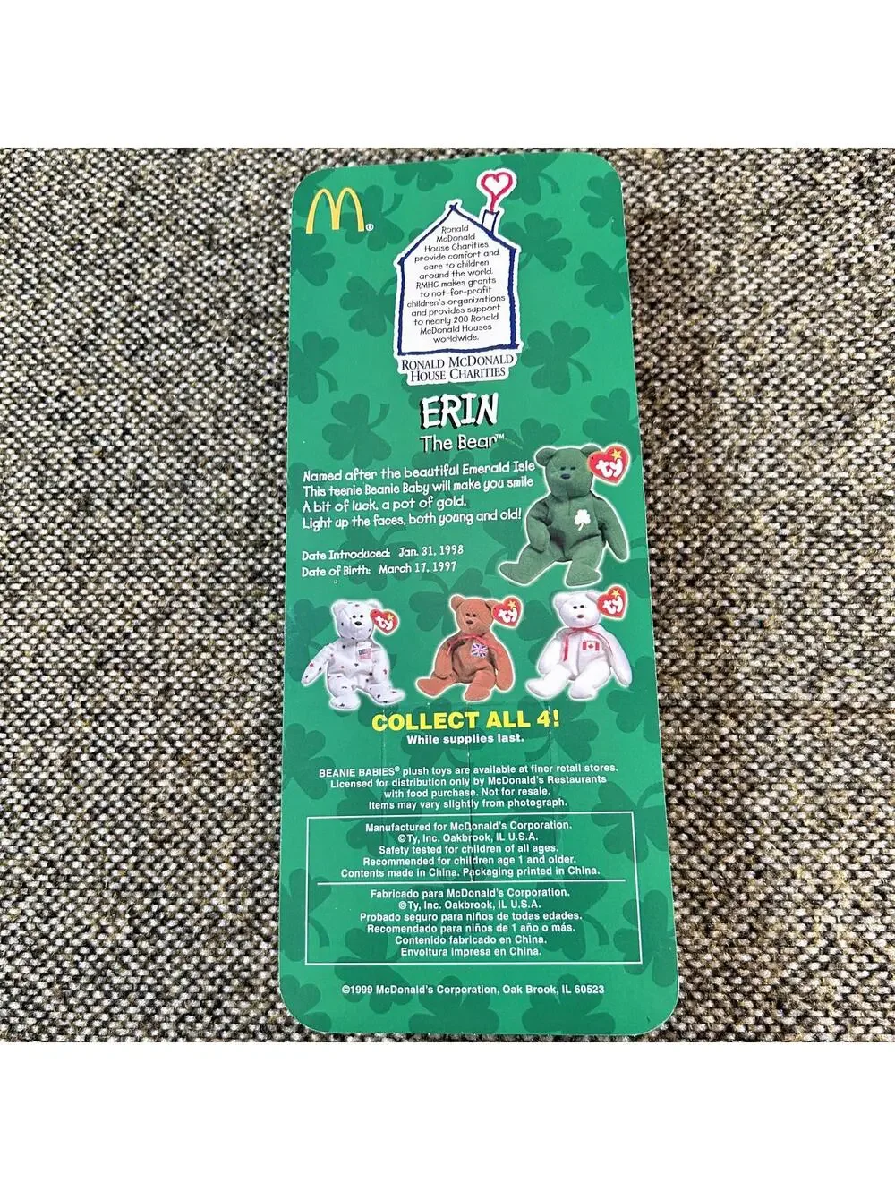 Ty‎ Teenie Beanie Baby Erin The Bear McDonald's Green New 1999 Vintage Plush Toy